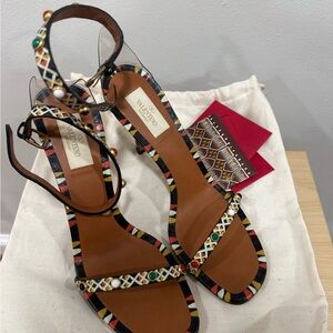 Valentino Multicolor Beaded Leather Ankle-Strap Heels
